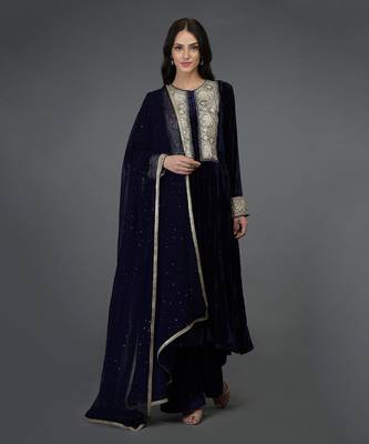 Midnight Blue Silk-Velvet Kashmiri Tilla Embroidered Suit 1