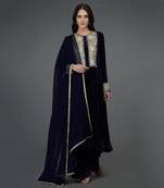 Midnight Blue Silk-Velvet Kashmiri Tilla Embroidered Suit