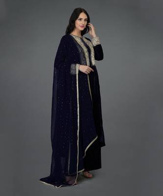 Midnight Blue Silk-Velvet Kashmiri Tilla Embroidered Suit 2