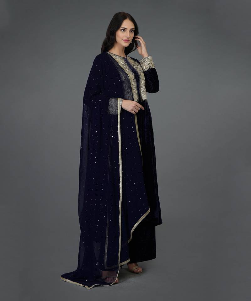 Midnight Blue Silk-Velvet Kashmiri Tilla Embroidered Suit