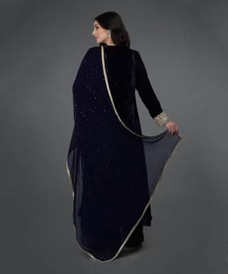Midnight Blue Silk-Velvet Kashmiri Tilla Embroidered Suit 3