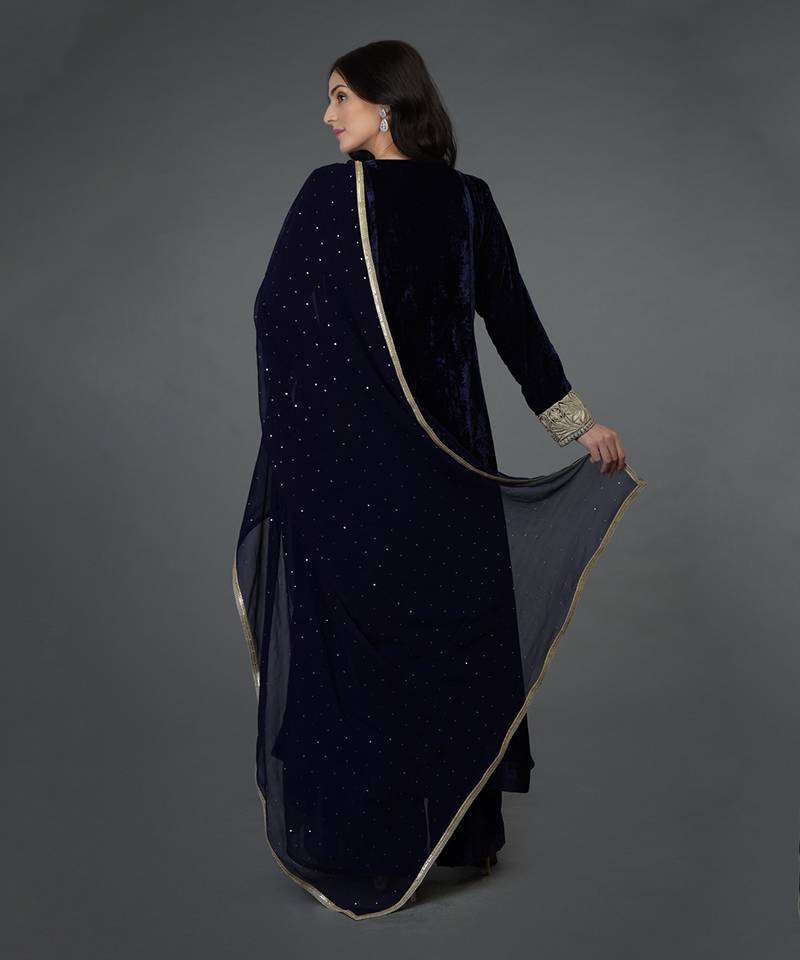 Midnight Blue Silk-Velvet Kashmiri Tilla Embroidered Suit
