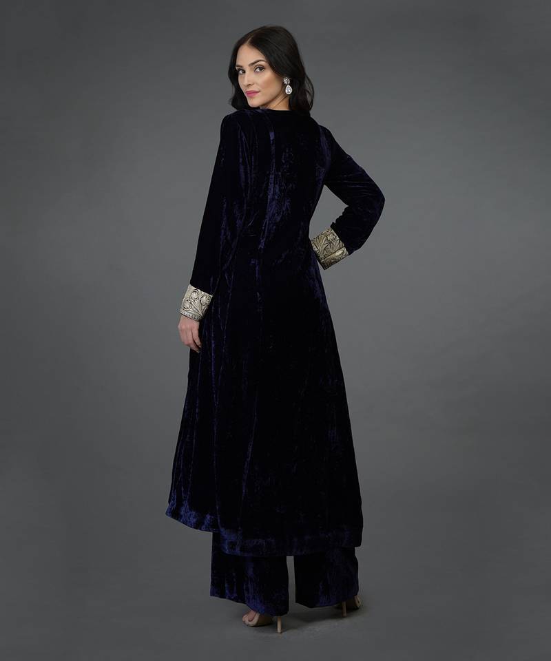 Midnight Blue Silk-Velvet Kashmiri Tilla Embroidered Suit