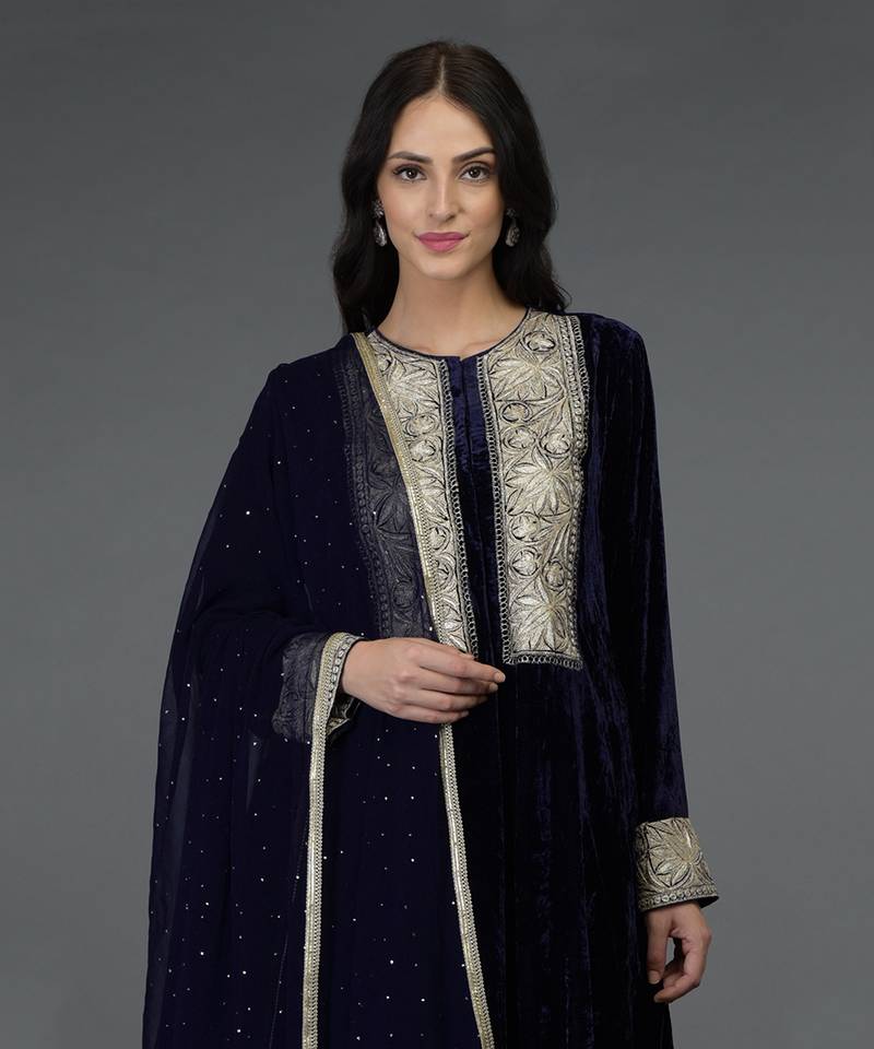 Midnight Blue Silk-Velvet Kashmiri Tilla Embroidered Suit