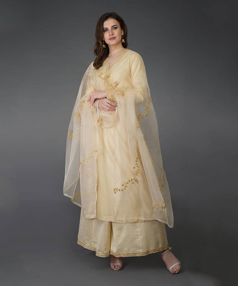 Cream Marori And Sequin Work Farshi Palazzo Suit