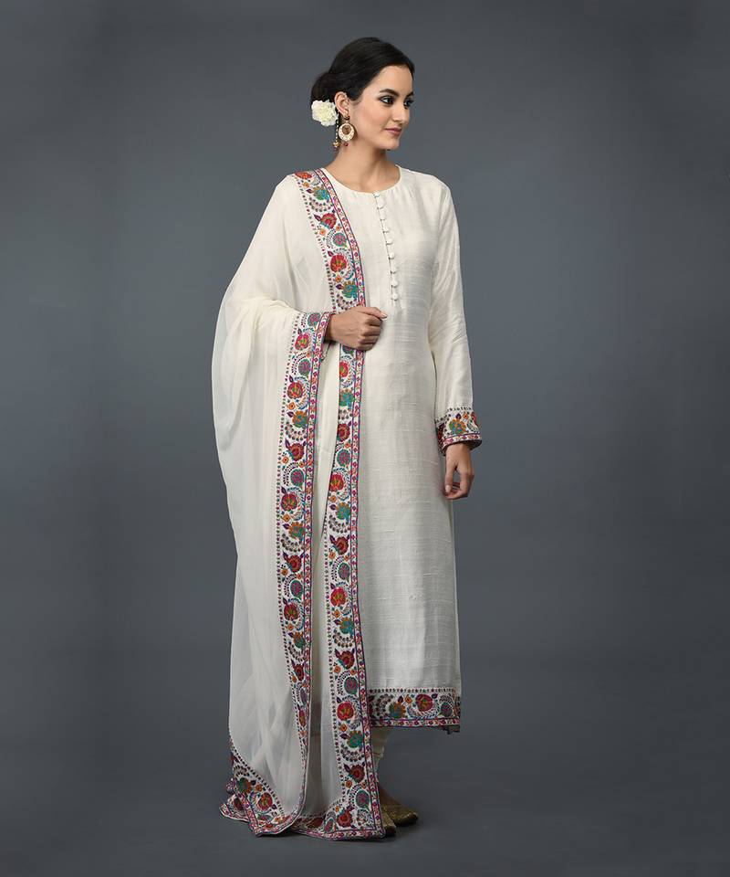 Ivory Kashmiri Kashidakari Hand Embroidered Suit