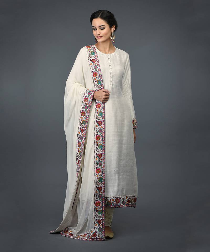 Ivory Kashmiri Kashidakari Hand Embroidered Suit