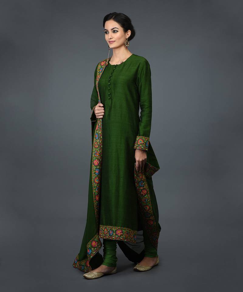 Moss Green Kashmiri Kashidakari Hand Embroidered Suit