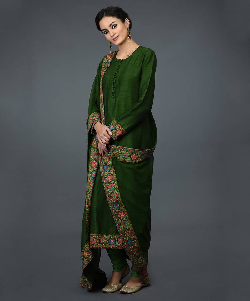 Moss Green Kashmiri Kashidakari Hand Embroidered Suit