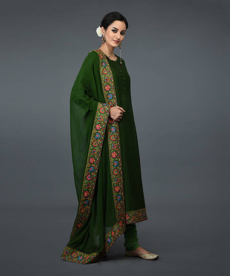 Moss Green Kashmiri Kashidakari Hand Embroidered Suit