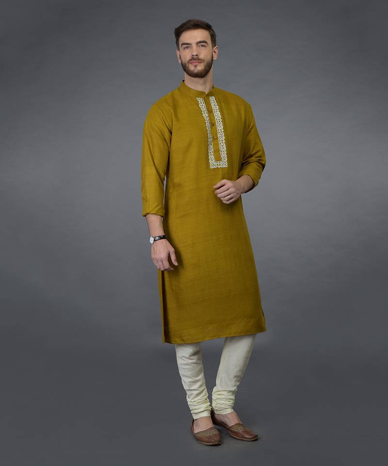 Mustard Pure Silk Kurta With Embroidered Placket Detail