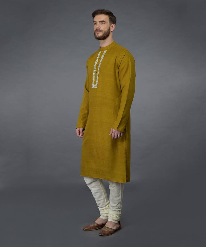 Mustard Pure Silk Kurta With Embroidered Placket Detail