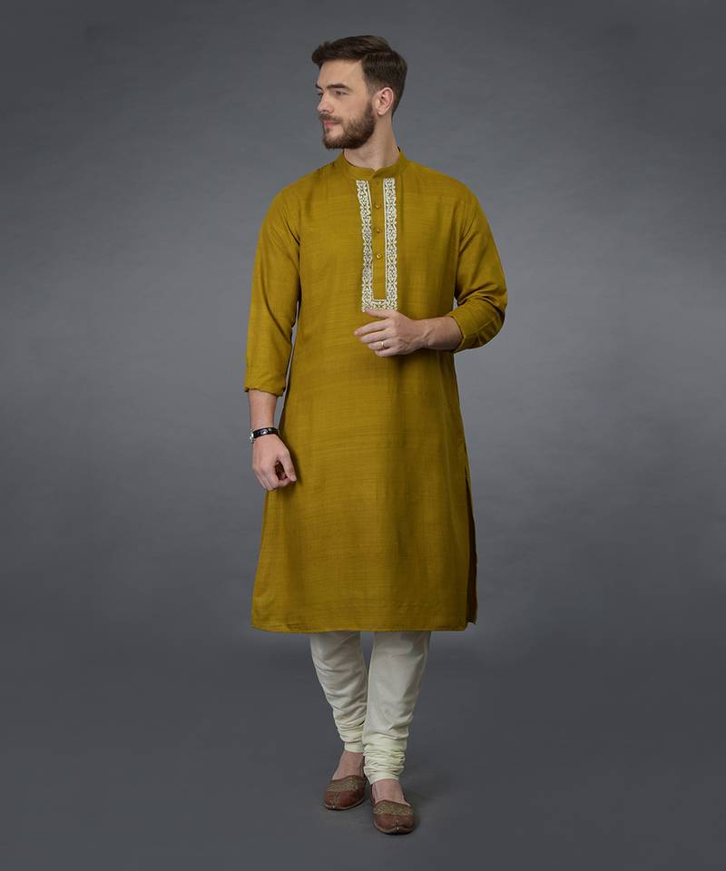 Mustard Pure Silk Kurta With Embroidered Placket Detail