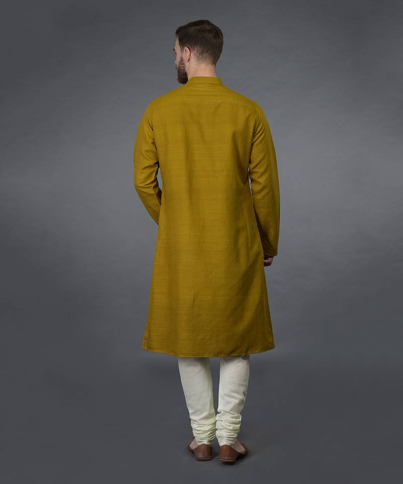 Mustard Pure Silk Kurta With Embroidered Placket Detail