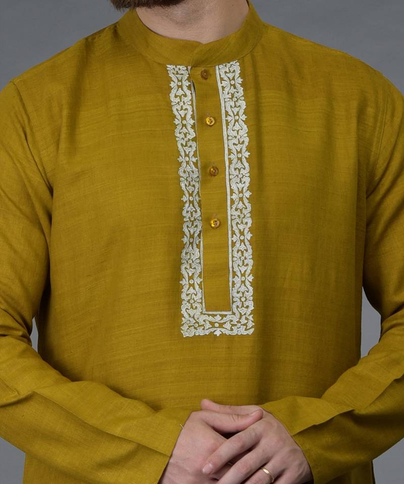 Mustard Pure Silk Kurta With Embroidered Placket Detail