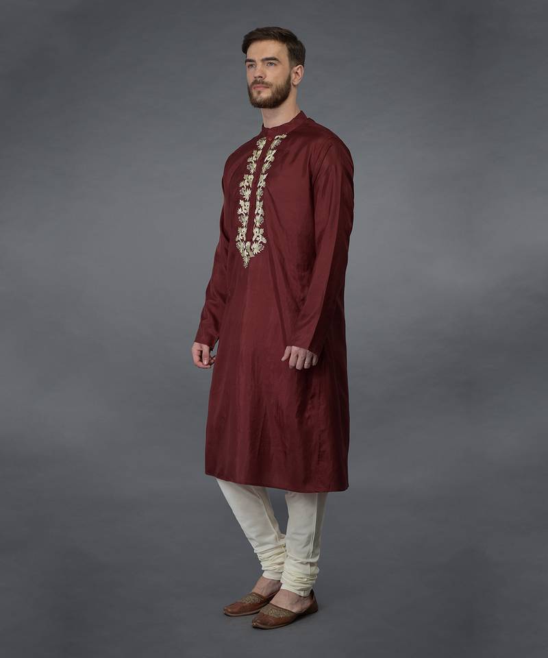 Burgundy Silk Kurta With Gold Tilla Embroidery