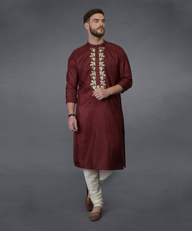 Burgundy Silk Kurta With Gold Tilla Embroidery