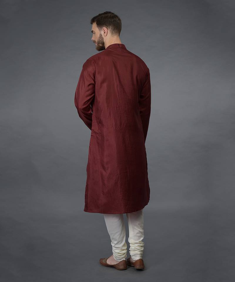 Burgundy Silk Kurta With Gold Tilla Embroidery
