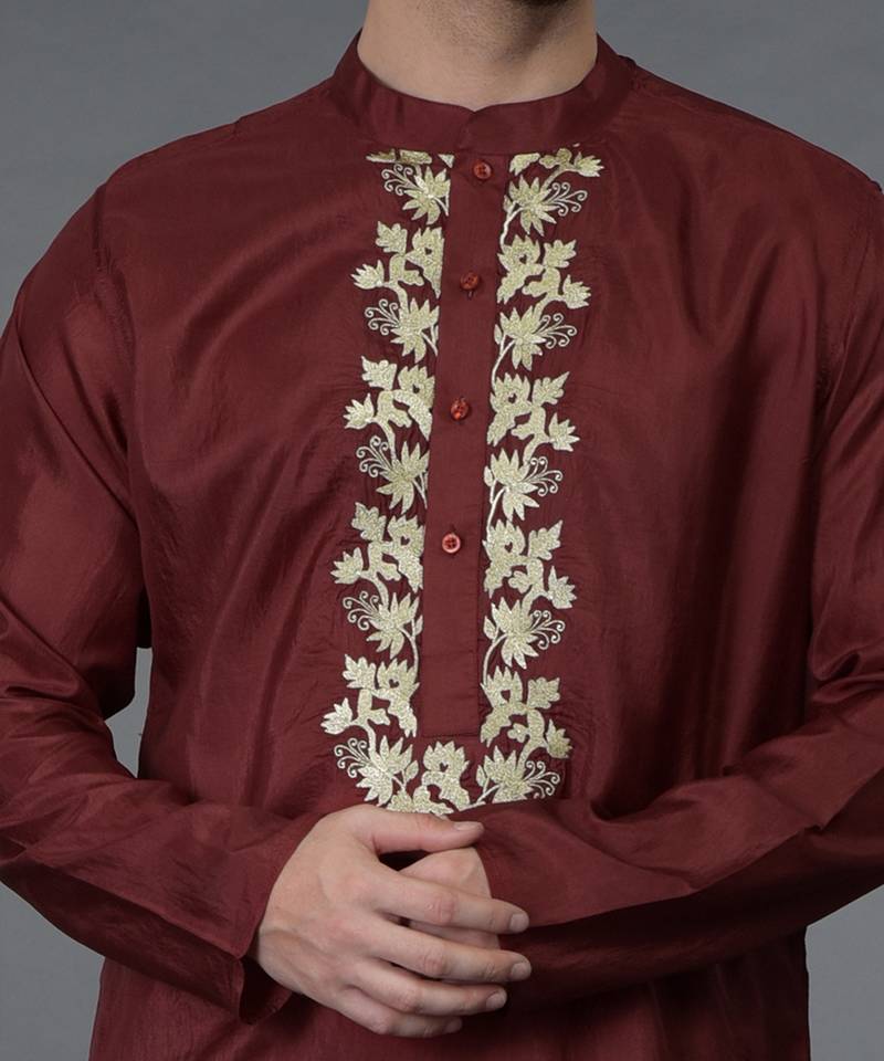 Burgundy Silk Kurta With Gold Tilla Embroidery