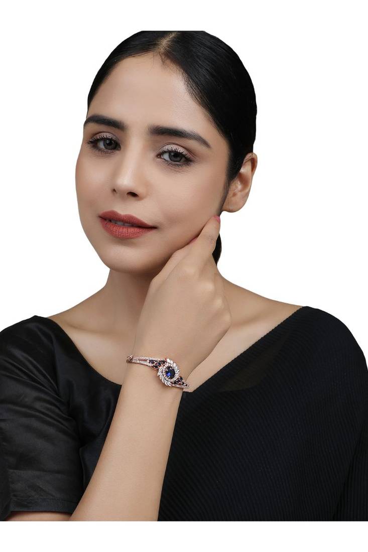 Styylo Fashion Exclusive Rosegold Plated Blue and White American Diamond Studded Floral Bracelet, 2.6