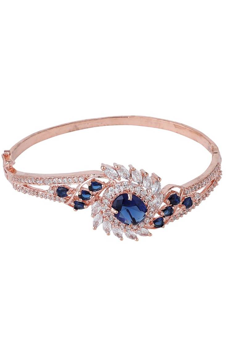 Styylo Fashion Exclusive Rosegold Plated Blue and White American Diamond Studded Floral Bracelet, 2.6