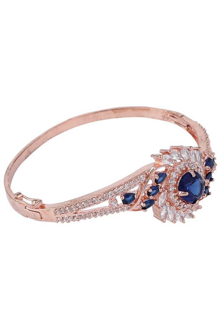 Styylo Fashion Exclusive Rosegold Plated Blue and White American Diamond Studded Floral Bracelet, 2.6