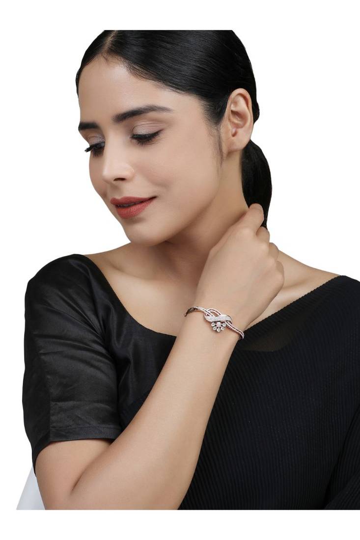 Styylo Fashion Designer Gold Plated Floral Design Sea Green American Diamond Bracelet, 2.6