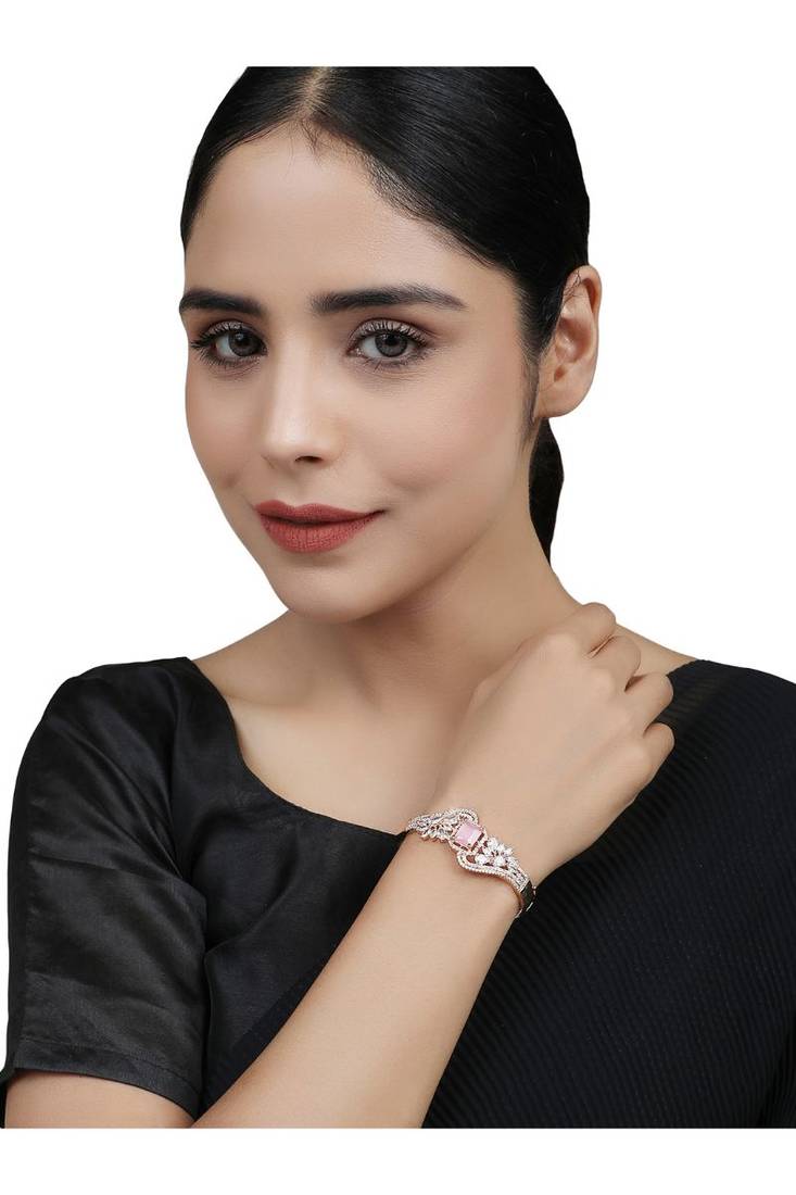 Styylo Fashion Glamaours Pink and White American Diamond Stone Studded Openable Bracelet,2.6