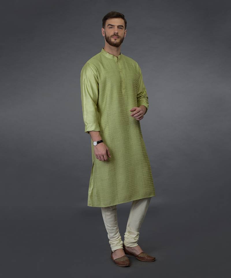 Pista Green Pintuck Silk Kurta