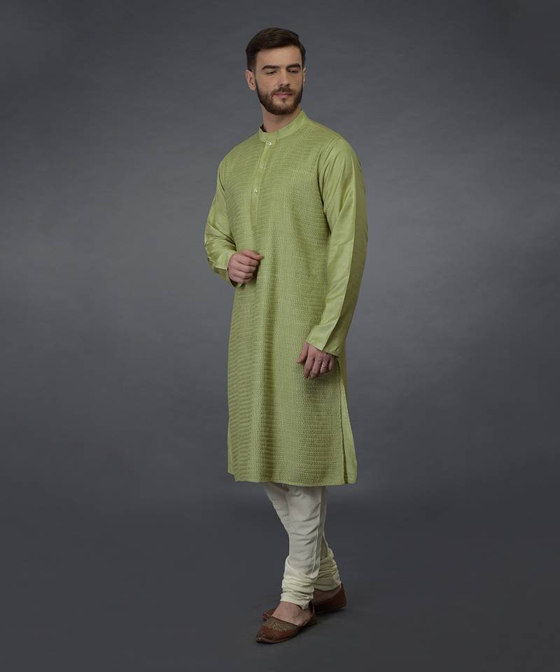 Pista Green Pintuck Silk Kurta