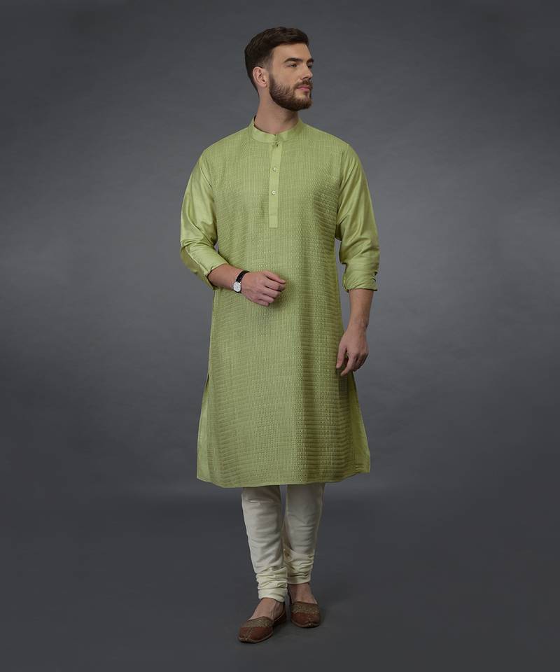 Pista Green Pintuck Silk Kurta