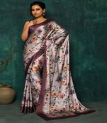 Designer Partywear Floral Brown Satin Saree