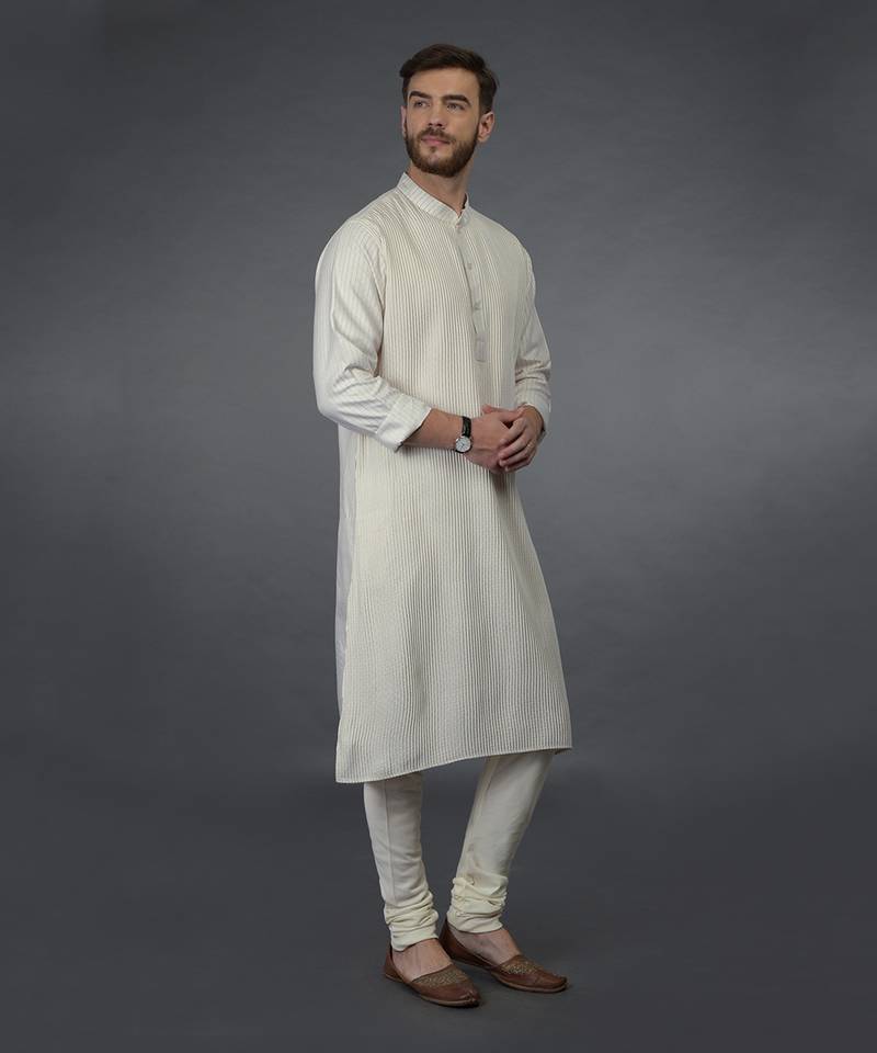Ivory Silk Kurta With Pintuck Detail
