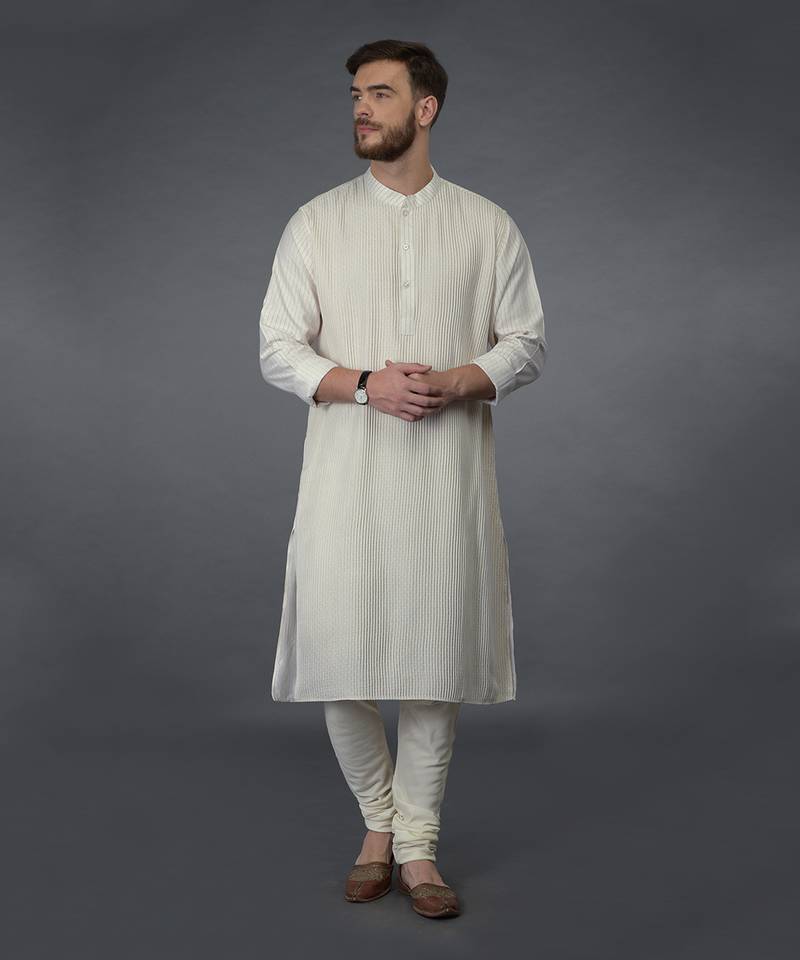 Ivory Silk Kurta With Pintuck Detail