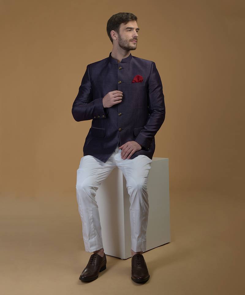 Eclipse Blue Linen Silk Bandhgala Jacket 