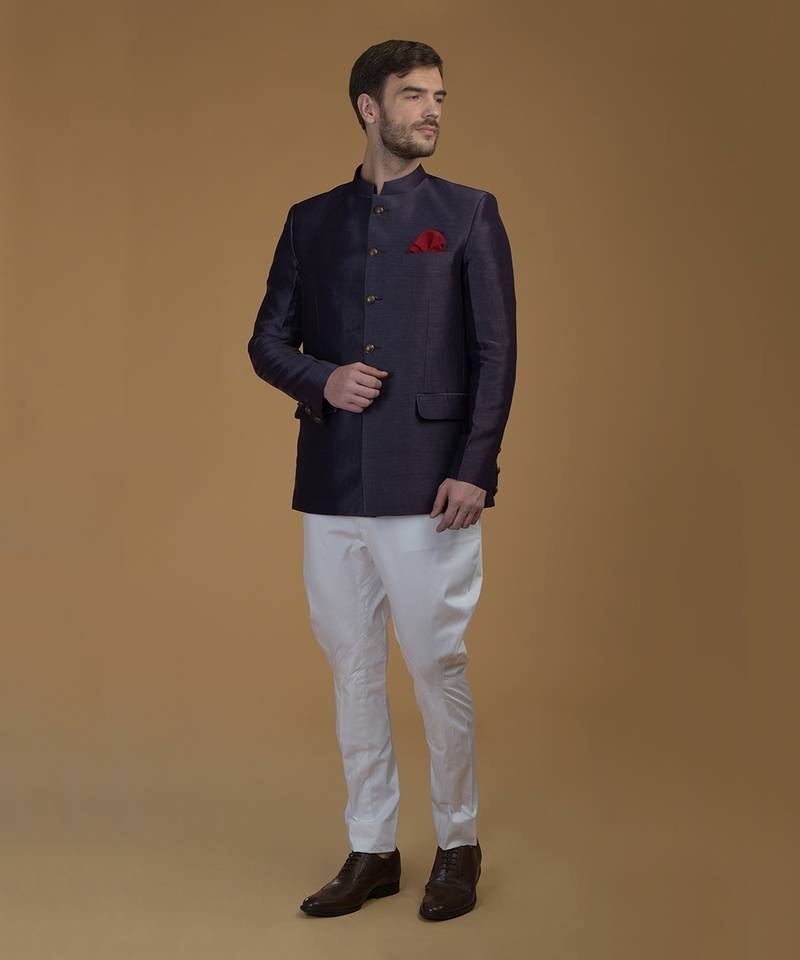 Eclipse Blue Linen Silk Bandhgala Jacket 