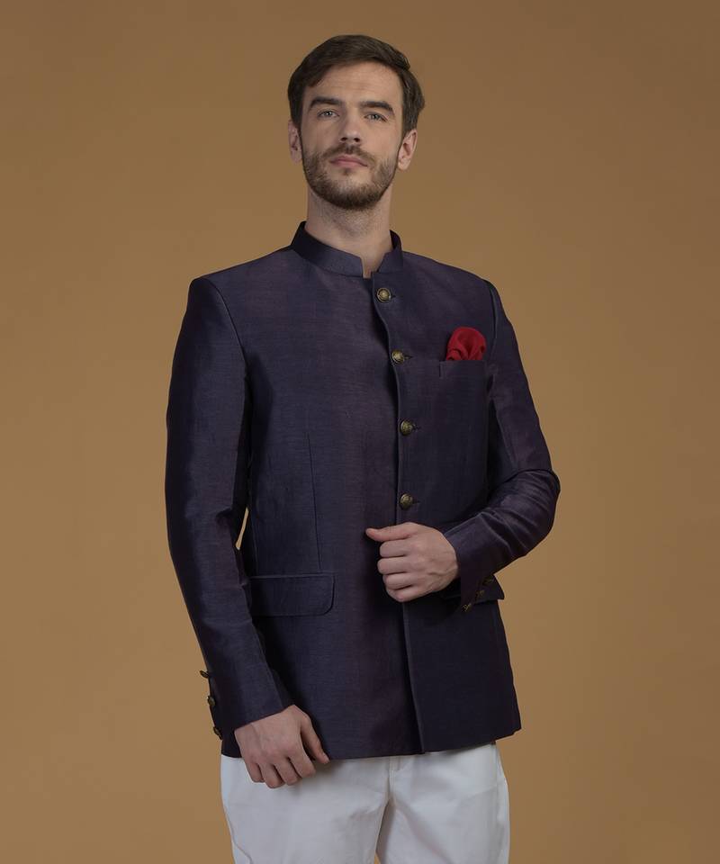 Eclipse Blue Linen Silk Bandhgala Jacket 