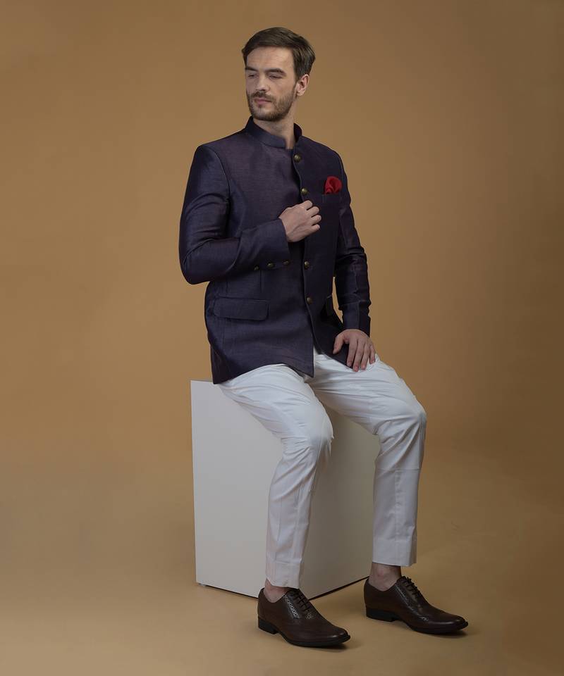 Eclipse Blue Linen Silk Bandhgala Jacket 