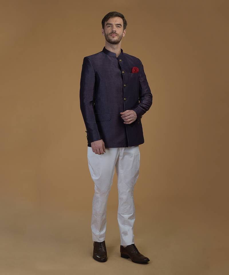 Eclipse Blue Linen Silk Bandhgala Jacket 