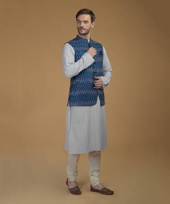 Blue Pintuck Kurta And Ikat Waistcoat Set 1