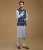 Blue Pintuck Kurta And Ikat Waistcoat Set