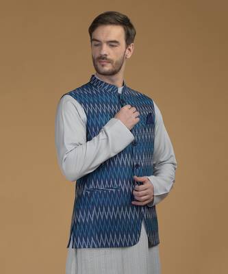 Blue Pintuck Kurta And Ikat Waistcoat Set 2