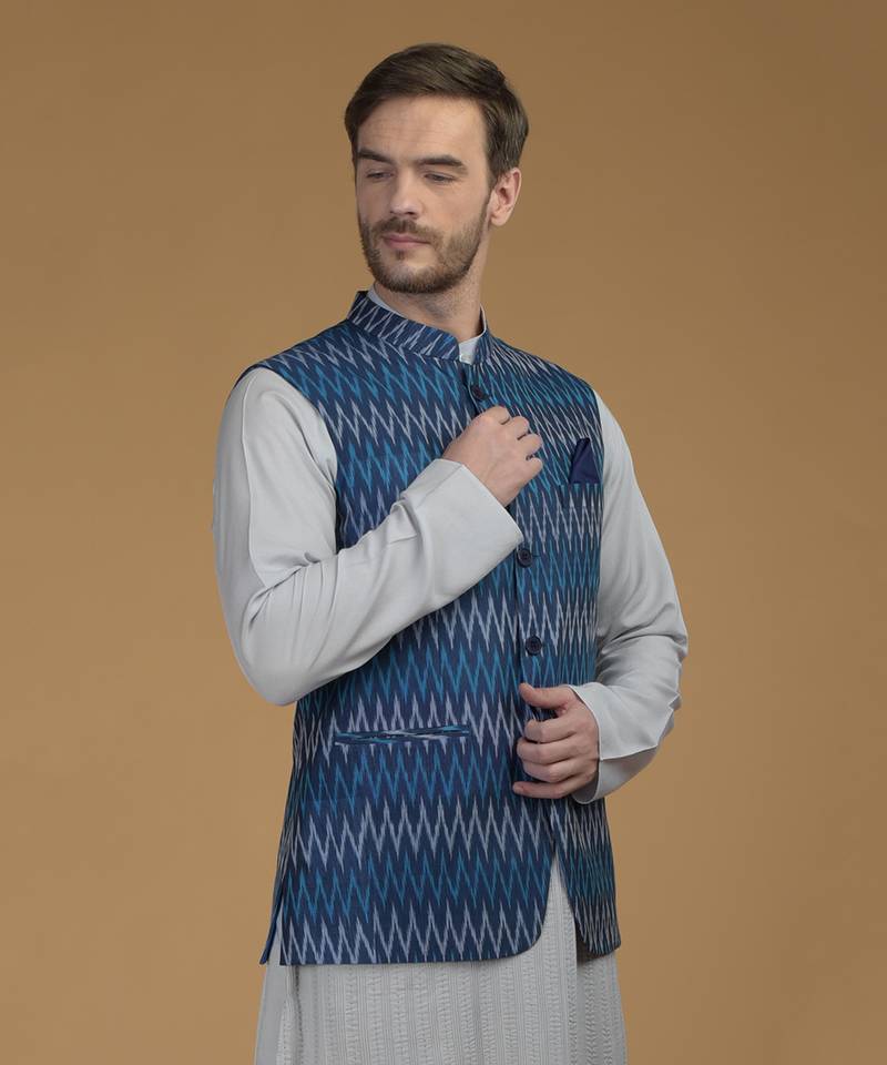 Blue Pintuck Kurta And Ikat Waistcoat Set