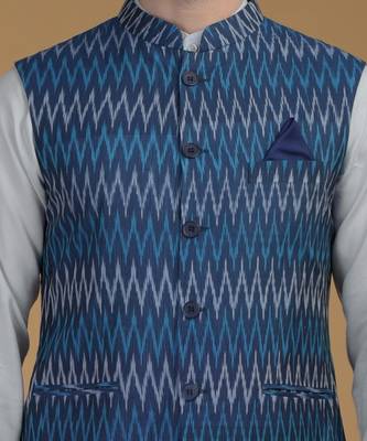 Blue Pintuck Kurta And Ikat Waistcoat Set 3