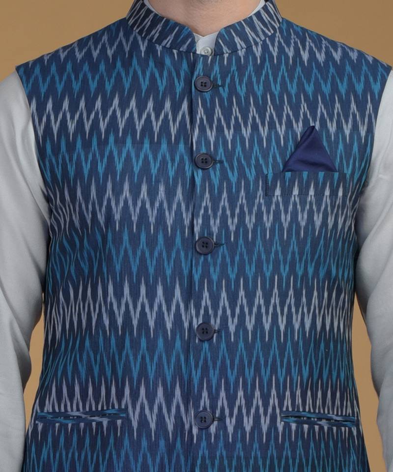 Blue Pintuck Kurta And Ikat Waistcoat Set