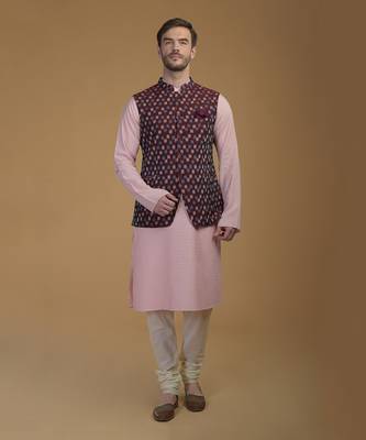 Pale Pink- Burgundy Pintuck Kurta And Ikat Waistcoat Set 1