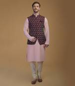 Pale Pink- Burgundy Pintuck Kurta And Ikat Waistcoat Set