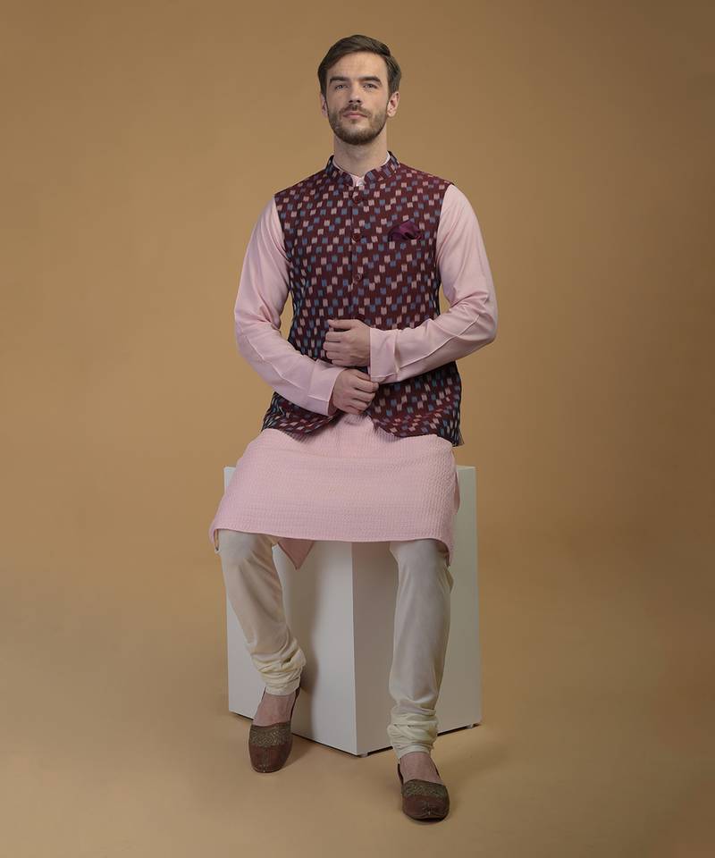 Pale Pink- Burgundy Pintuck Kurta And Ikat Waistcoat Set