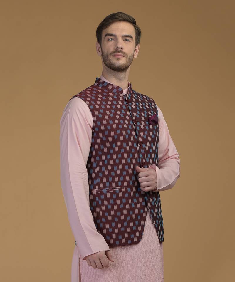 Pale Pink- Burgundy Pintuck Kurta And Ikat Waistcoat Set