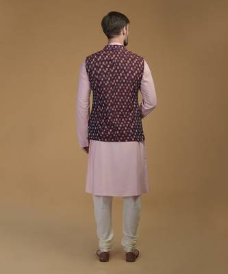 Pale Pink- Burgundy Pintuck Kurta And Ikat Waistcoat Set 4